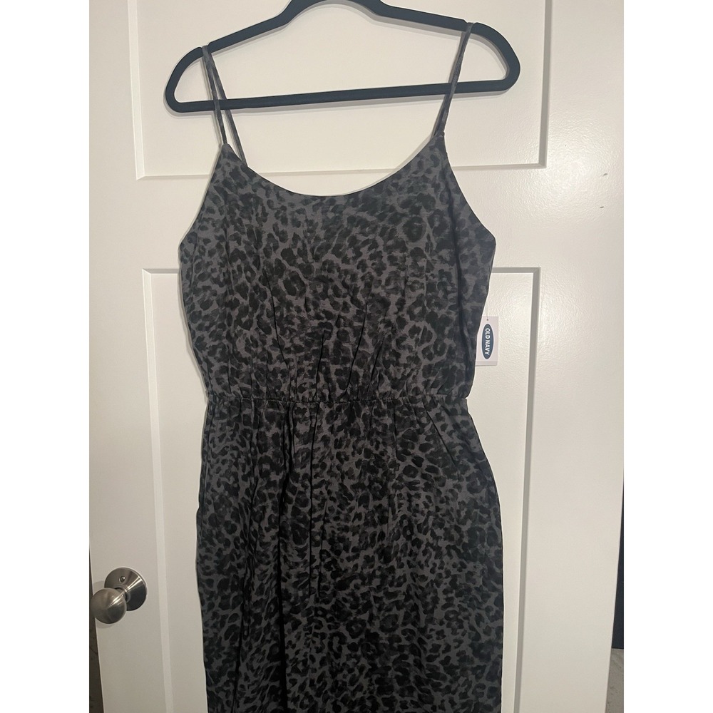 NWT Old Navy Leopard Print Cami Midi Dress Women's Medium Gray Black Animal